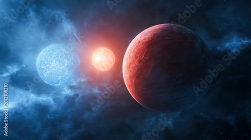 Dramatic cosmic scene featuring two glowing celestial bodies and a large reddish planet surrounded by swirling blue nebula clouds in deep space atmosphere