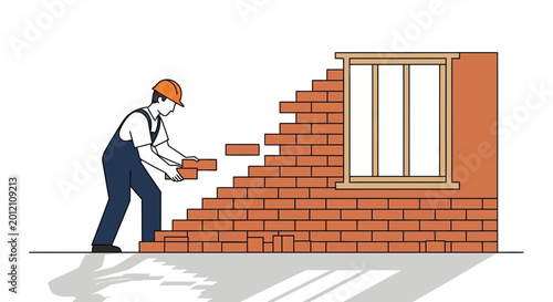 Masonry worker building a red brick wall with a window frame. Professional construction worker or contractor in uniform and hard hat working on house renovation project.