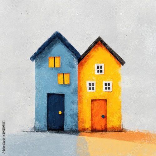 Two colorful small houses painted in blue and orange standing side by side on a textured background with a subtle ground shadow beneath them
