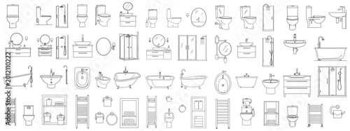 Bathroom Interior Design Symbols and Sanitary Ware Set - Vector Line Art Elevation Icons for Architectural Planning and Home Renovation