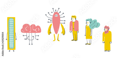 Фотография AI大規模言語モデルと多様なビジネスパーソンの共生 擬人化されたLLMと人間のチーム 働き方の多様性とテクノロジーの調和 メタファー素材セット 手書き風イラスト