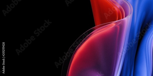 Fotografija 3D Abstract flowing red and blue glass shapes on black background with smooth gradients and translucent reflections for futuristic digital art visuals
