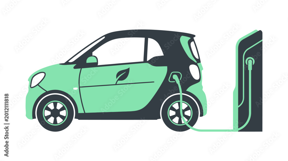 Naklejka premium A green electric car charges at an urban charging station on a white background.