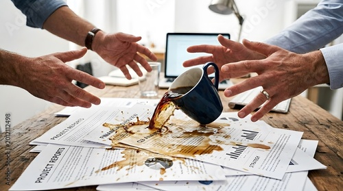 Coffee spilling from a blue mug on business documents at office desk with panicked hands reacting