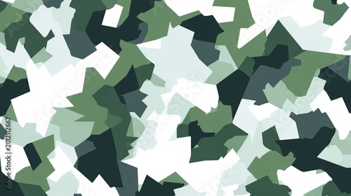 Abstract geometric camouflage pattern in shades of green and white, suitable for military or outdoor themes