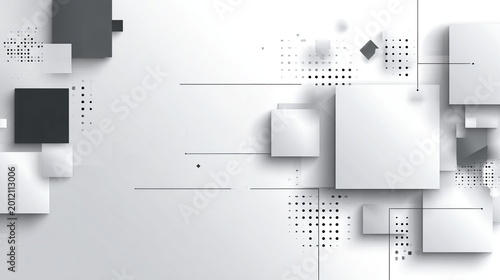 Abstract geometric composition with squares, dots, and lines on a light gray surface