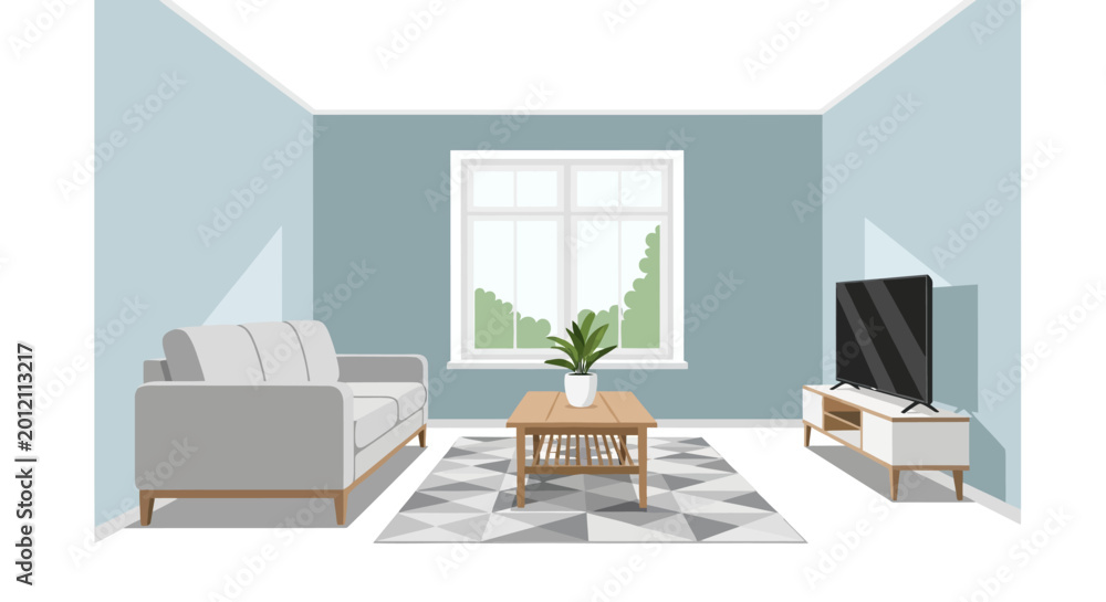 Fototapeta premium Modern Minimalist Living Room Interior Illustration with Grey Sofa, TV Stand, and Geometric Rug