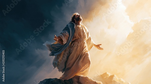 Watercolor painting of a biblical figure lifting his hands toward a bright light in the sky.