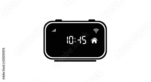 Modern digital alarm clock showing 10:45 with home and Wi-Fi icons on black background