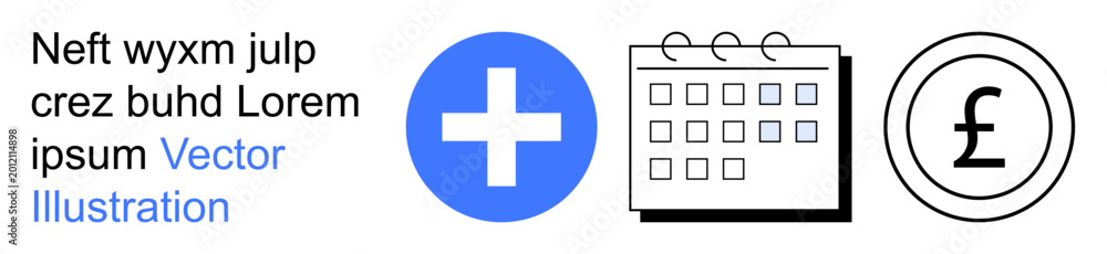 Obraz premium Healthcare costs, financial planning, medical scheduling, budgeting, healthcare services, time management. Blue medical cross, calendar and currency icon. Healthcare costs and financial planning