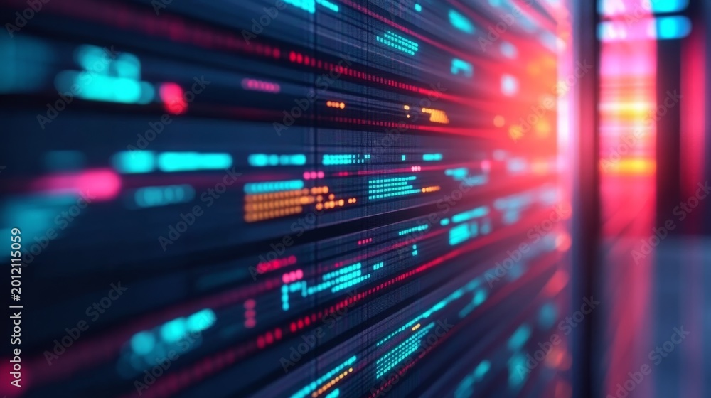 Naklejka premium Close-up of a futuristic server rack display, showing vibrant blue, red, orange digital data flowing, symbolizing information technology, big data and cybersecurity. Data, Technology
