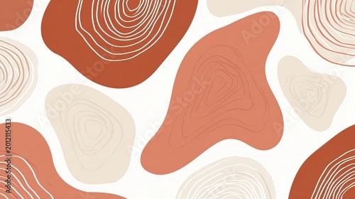 Abstract organic shapes pattern with earthy tones and white lines, seamless repeat