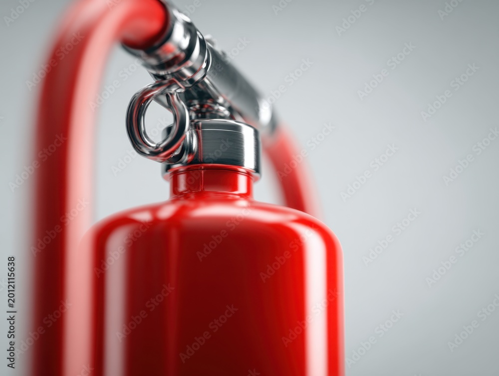 Obraz premium Detailed view of a bright red fire extinguisher nozzle and hose against a clean, neutral background highlighting safety equipment features