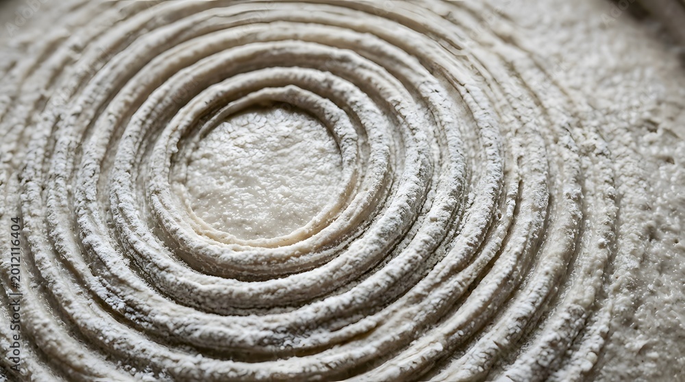 Fototapeta premium Close up of raw sourdough bread dough with spiral patterns and flour dusting from banneton proofing basket