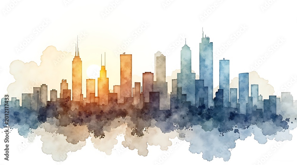 Fototapeta premium Sunrise City Skyline Watercolor