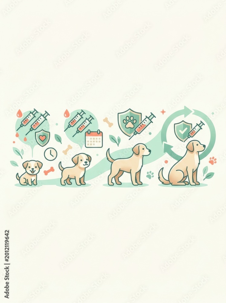 Fototapeta premium Illustration depicts a vaccination schedule for pets, showing dogs at various stages of vaccination and health monitoring in veterinary care.