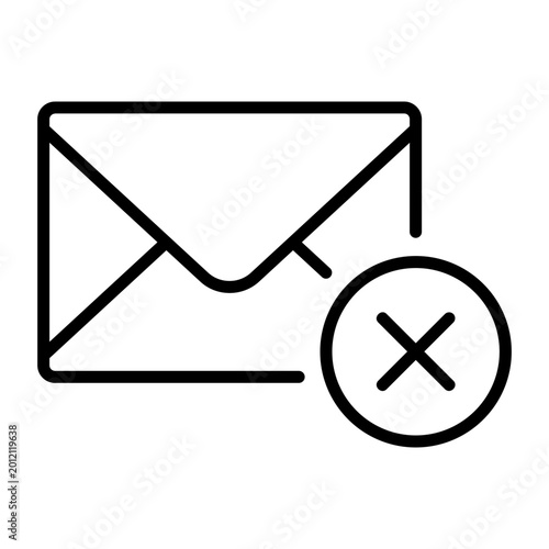 Black cancel or unsubscribe email line icon, simple sent e-mail failed flat design pictogram vector for app logo ads web webpage button ui ux interface elements isolated on white background