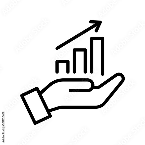 Single black profit in hand line icon, simple holding growing graph flat design vector pictogram, infographic interface elements for app logo web button ui ux isolated on white background