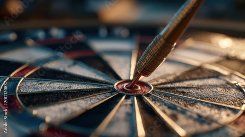 Macro shot of a dart perfectly hitting the bullseye on a textured dartboard under warm lighting conditions capturing focus and precision in the game