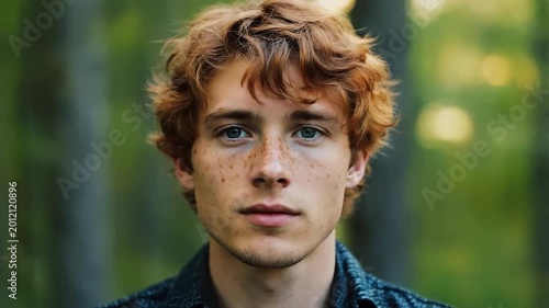 Young redhead man with freckles staring at camera in a forest