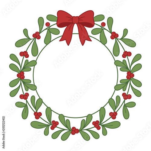 Mistletoe wreath with red bow and holiday berries vector