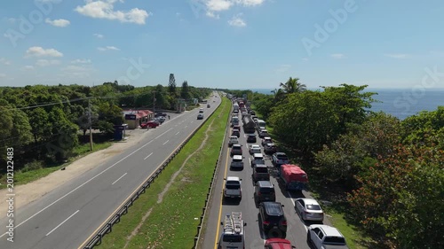  aerial view drone Traffic jam on main road at sunset in the Dominican Republic