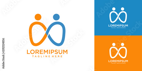 Two stylized human figures form a logo on a business card with orange and blue colors.