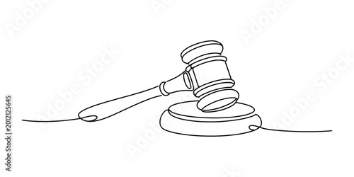 Monoline art of a gavel: This image features a simplified, continuous line drawing of a gavel resting on a sound block, representing justice, law and order.