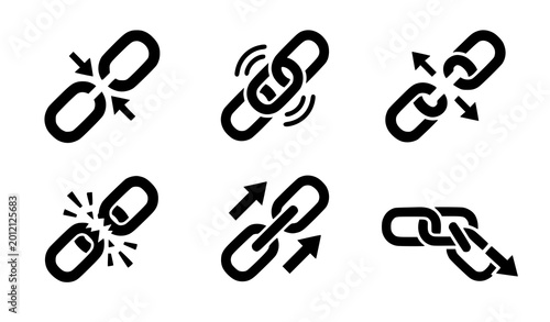 Tableau sur toile Link and chain action icons – connect, break and move silhouette vector set