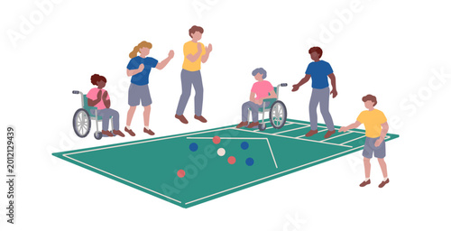 Foto Hand-drawn vector illustration assets featuring diverse people enjoying boccia, wheelchairs, athletes, and world championships
