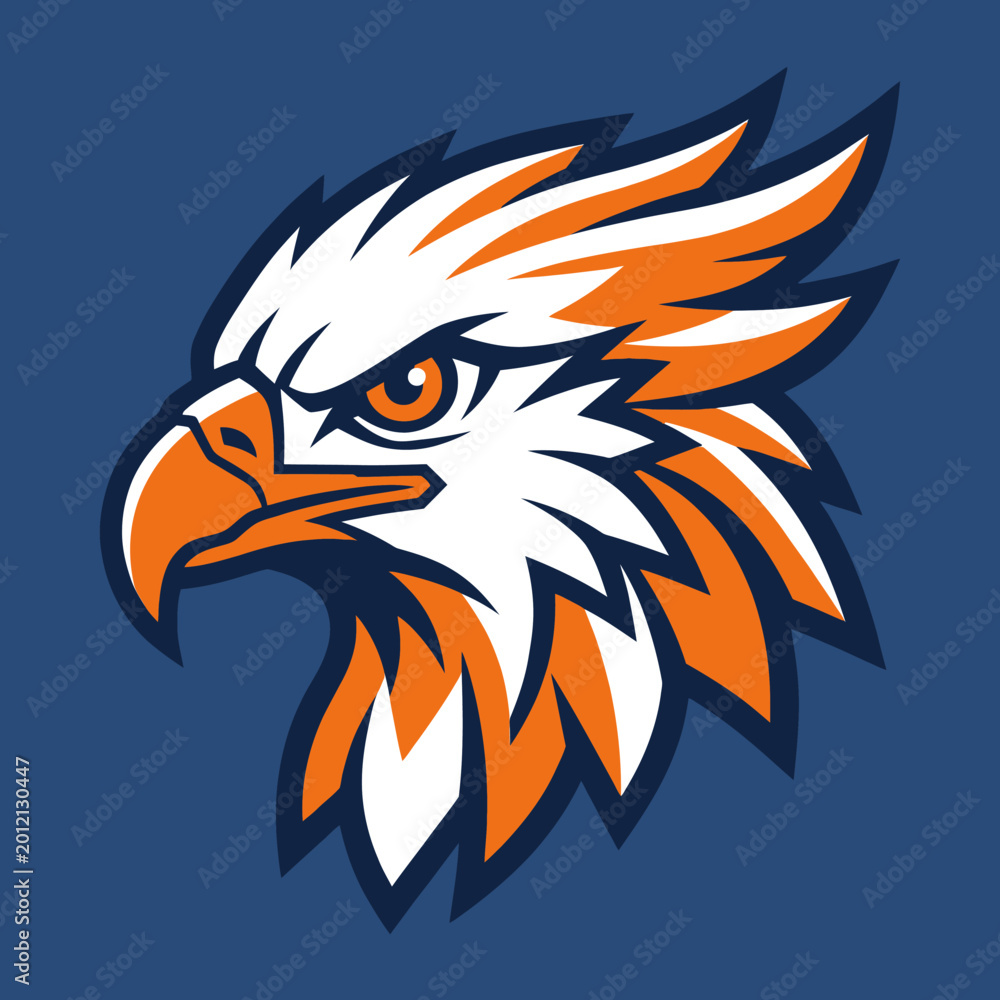 Fototapeta premium Bold and powerful eagle head illustration with striking orange, white, and blue colors, representing strength, freedom, and determination; ideal for sports teams, logos, or symbolic branding