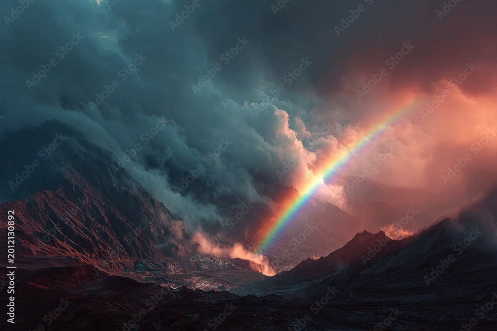 Fototapeta premium Dramatic Mountain Landscape with Vibrant Rainbow