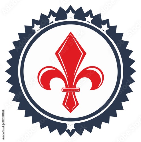 Red Fleur de Lis inside a blue serrated circle emblem with stars. Vector graphic of a royal heraldic seal.