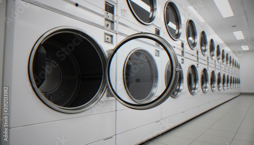 Slika na platnu A long row of professional commercial laundry dryers in a clean laundromat with one door open