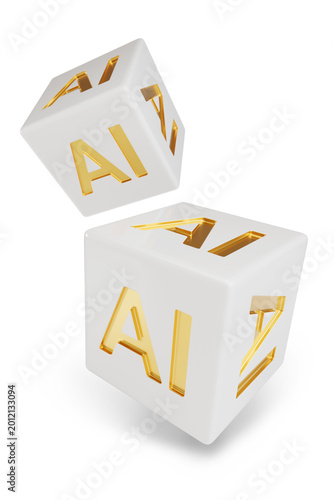 Two dice with golden AI text isolated on white background. Artificial intelligence concept. 3d illustration.