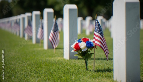 Foto Rows of white marble gravestones in a military cemetery adorned with American flags and small flower bouquets, honoring fallen soldiers on a sunny day
