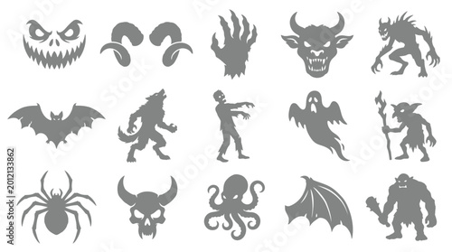 Cuadro en lienzo Halloween monster silhouettes set, scary creature icons.