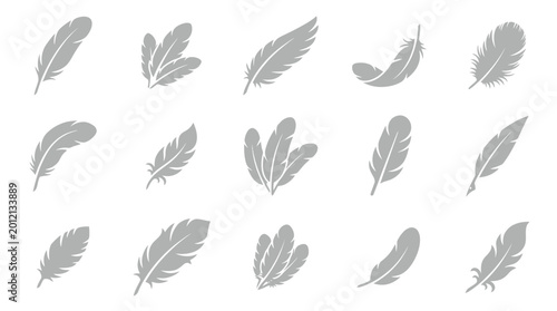 Photos Collection of various feather icons in gray tones, representing lightness and softness