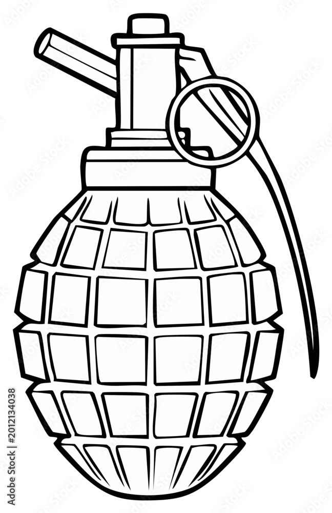 Naklejka premium Outline Drawing of a Classic Fragmentation Grenade with Pull Pin