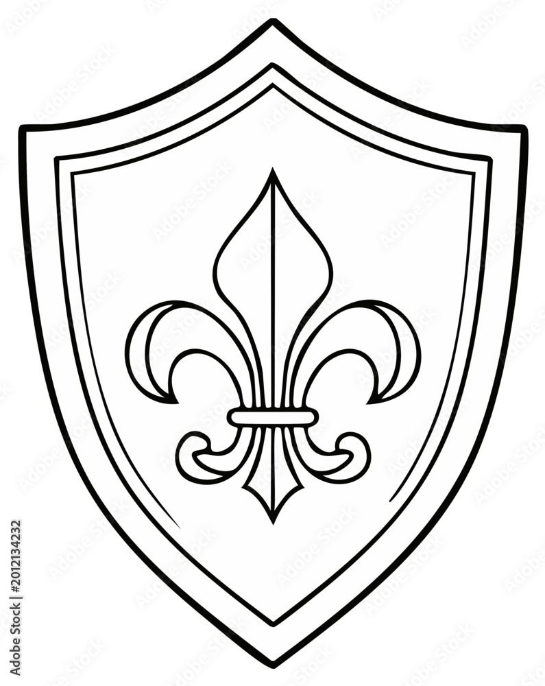 Fototapeta premium Heraldic shield with fleur-de-lis emblem, line drawing of heraldic symbol.
