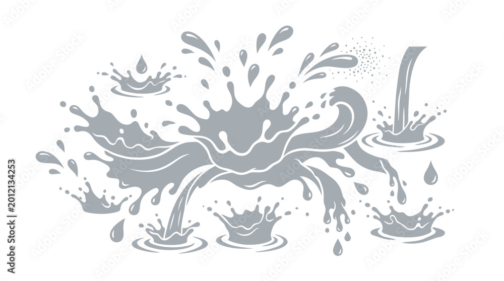 Naklejka premium Dynamic water splash and ripple collection, featuring various liquid drops and crown effects, isolated on white background.