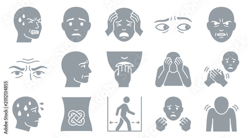 Photos Set of icons representing various human emotions and states of mind such as fear, anxiety, stress, and panic