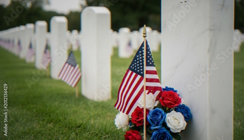 Photos Rows of white marble headstones in a military cemetery decorated with small American flags and red, white, and blue artificial roses for Memorial Day remembrance