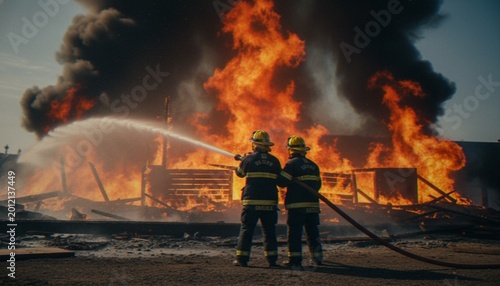 Photos Two firefighters in protective gear work together to extinguish a large, intense structure fire