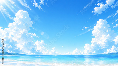 Beautiful Summer Beach with Blue Sky and Dramatic Clouds,青空と入道雲が広がる夏の海辺のアニメ背景イラスト