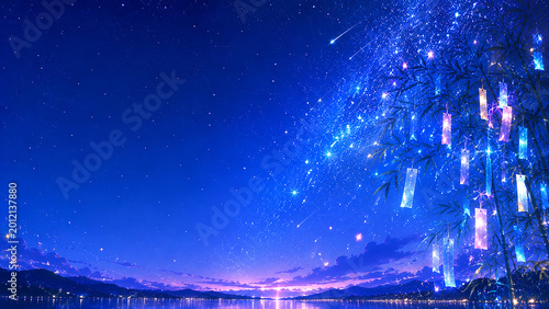 Fantasy Tanabata Night Sky with Milky Way and Paper Wishes,七夕飾りと天の川が輝く幻想的な夏の夜空背景