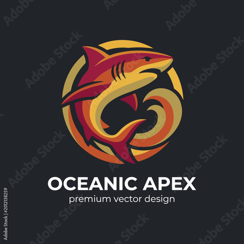 Obraz na płótnie A powerful logo illustrating a stylized shark within a circular design, representing dominance and oceanic themes, perfect for branding in marine-related industries or services