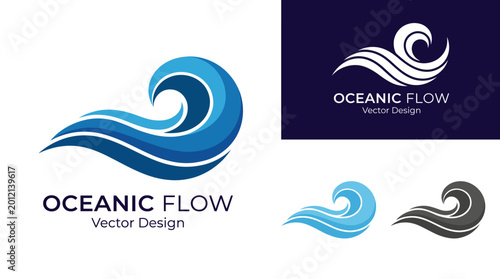 Fotografie This logo depicts dynamic ocean waves in varying shades of blue, representing movement and fluidity, perfect for brands related to water, travel, and oceanic themes