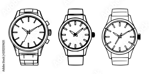 Watch collection set with minimal line art design featuring wristwatches, timepieces, accessories with hands and numbers