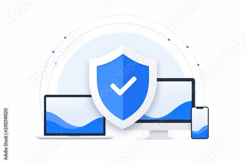Cyber security shield protecting laptop desktop and smartphone on white background